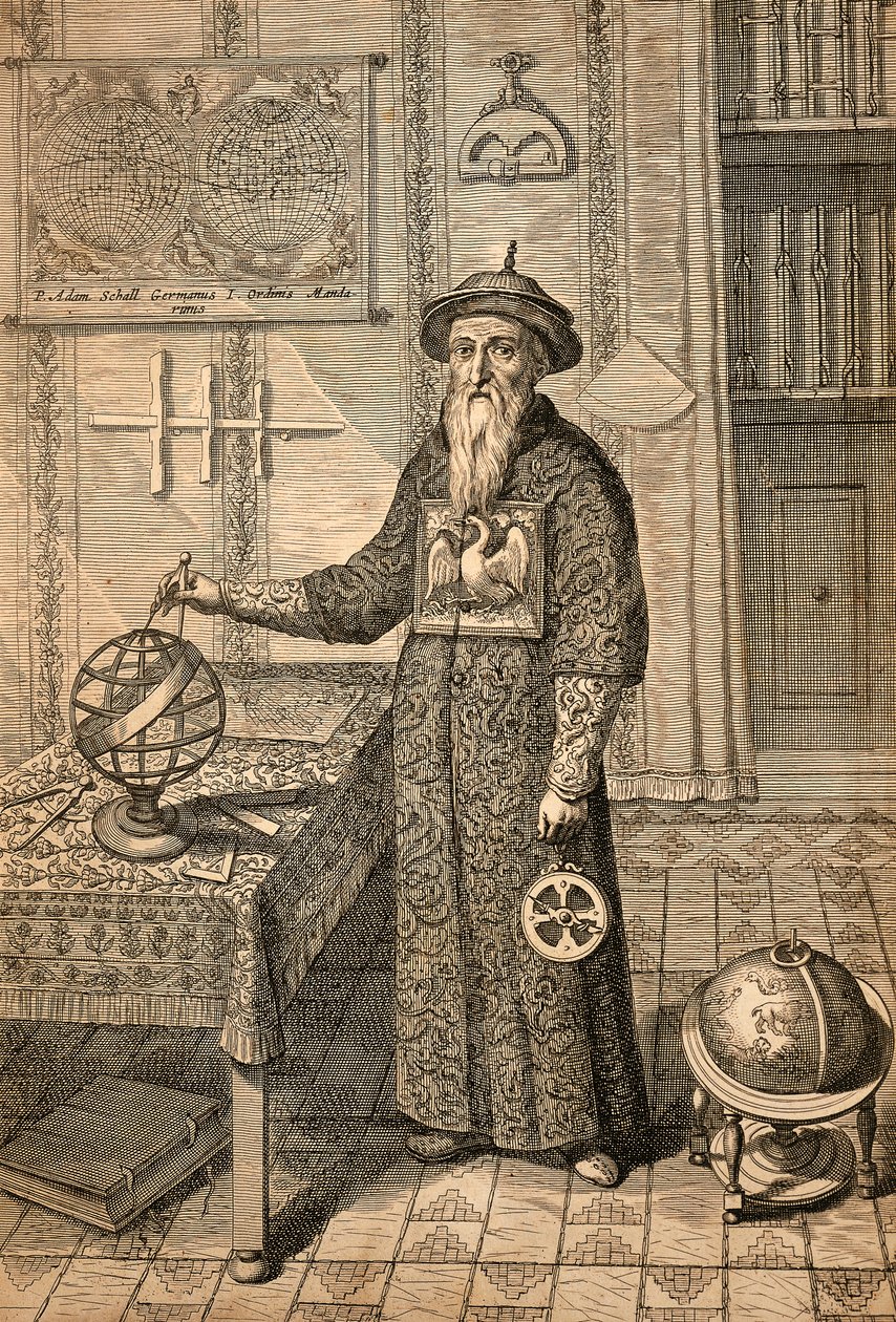 Jésuite Johann Adam Schall von Bell (1591-1666), prédécesseur de Ferdinand Verbiest, astronome à la cour de la dynastie Ming à Nanjing, en costume mandarin, de China monumentis - Athanasius Kircher