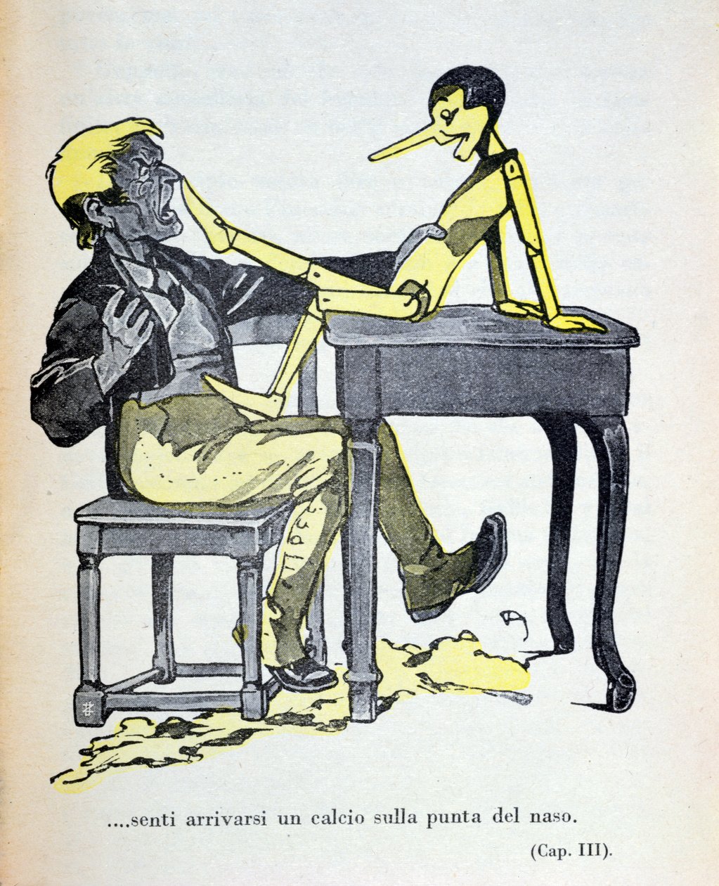 Gepetto a senti un coup de pied sur le bout de son nez", illustration de "Pinocchio" de Carlo Collodi (1826-90) publiée par Bemporad en 1935 (gravure en couleur). - Attilio Mussino