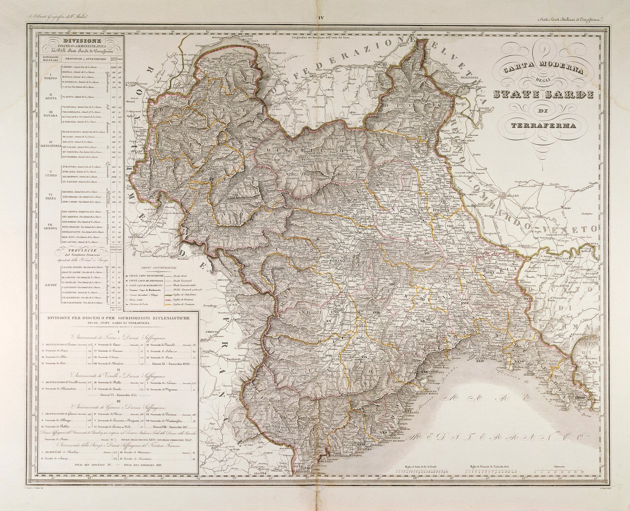 États sardes sur le continent. Carte par Attilio Zuccagni-Orlandini, tirée de l