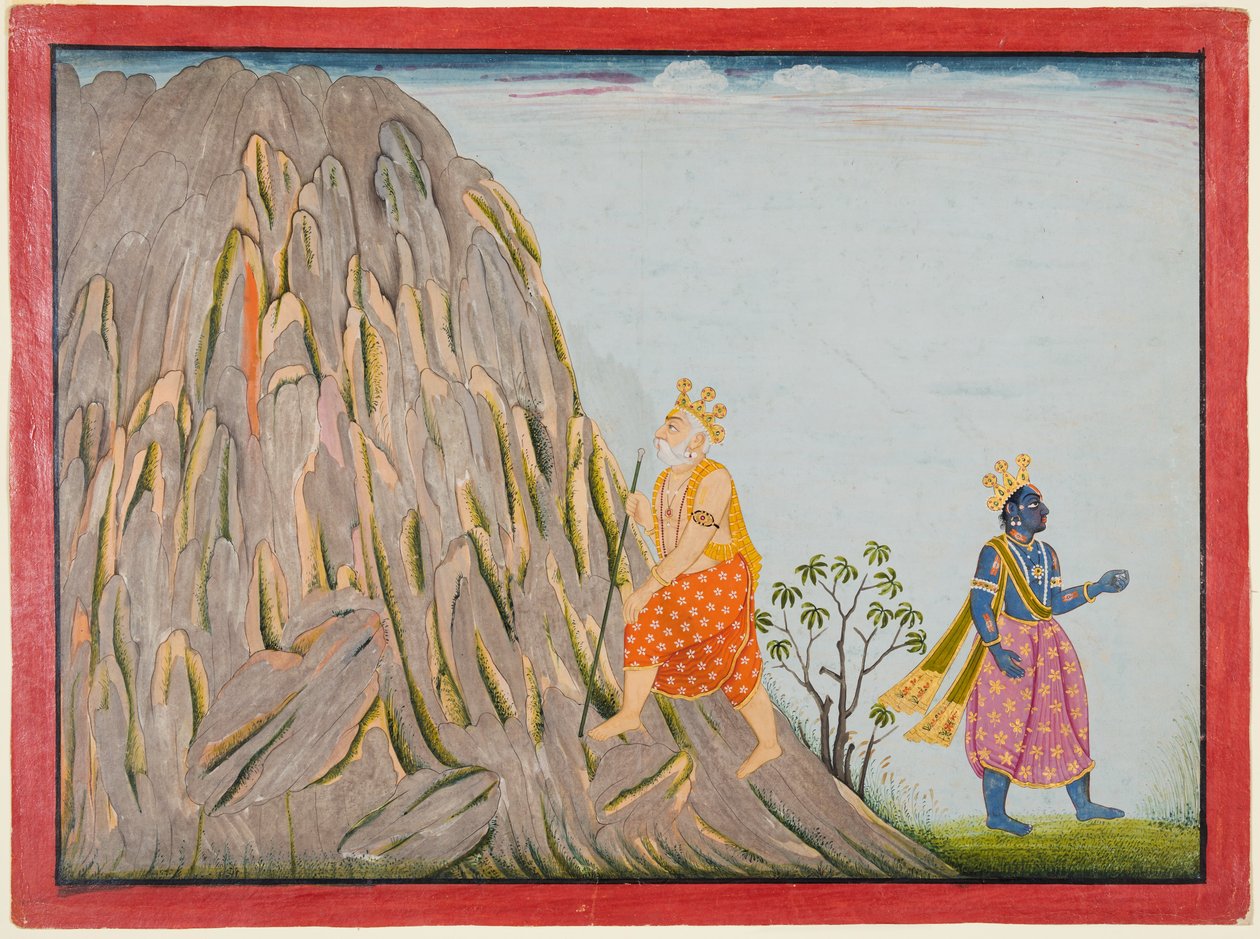 Le roi Muchukunda entre dans le royaume du mont Gandhamadana pour atteindre le salut, extrait du "Cinquième Basohli Bhagavata Purana". - attributed to Fattu