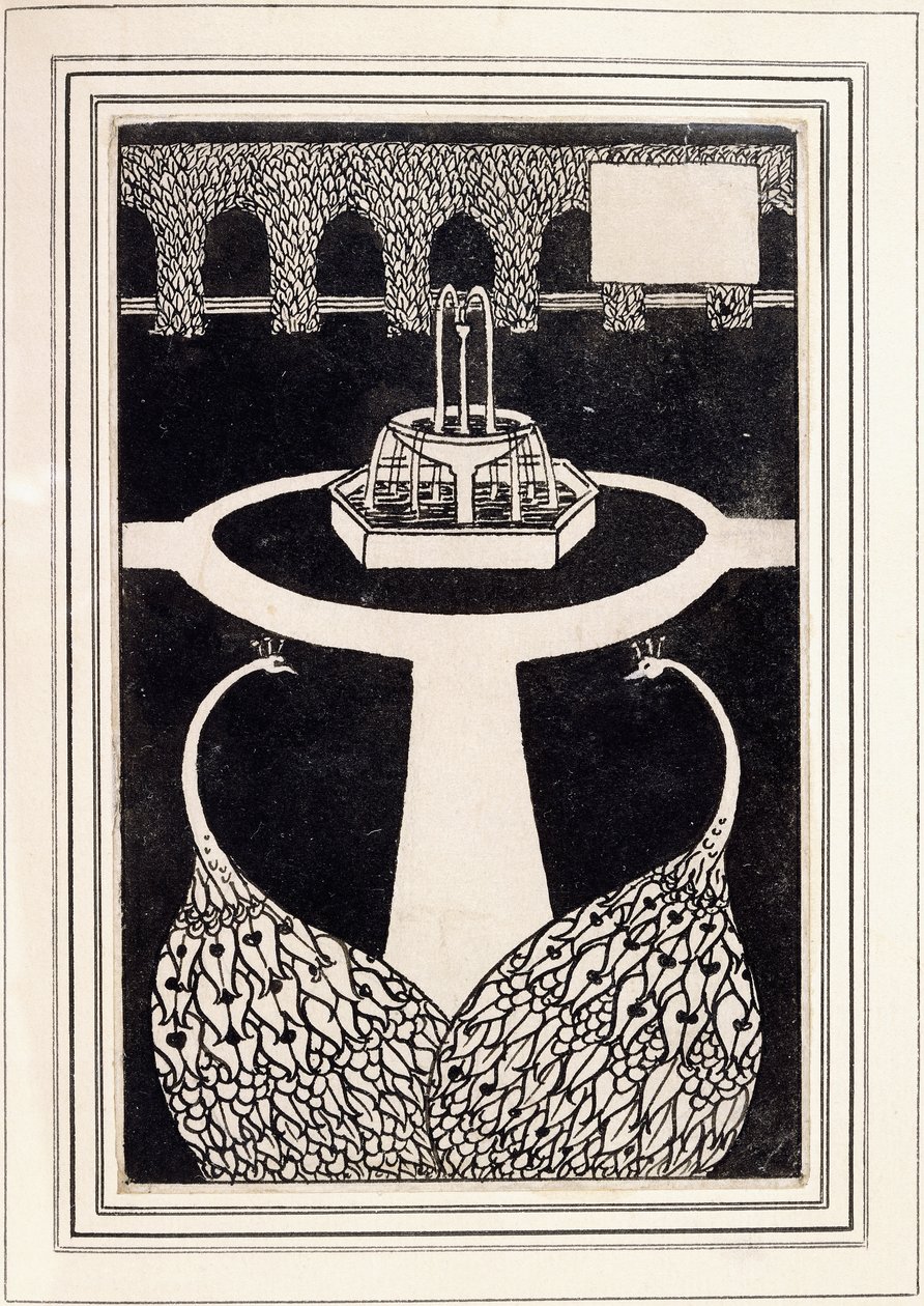 En-tête de chapitre représentant deux paons dans un jardin avec une fontaine, vers 1893/4 - Aubrey Beardsley