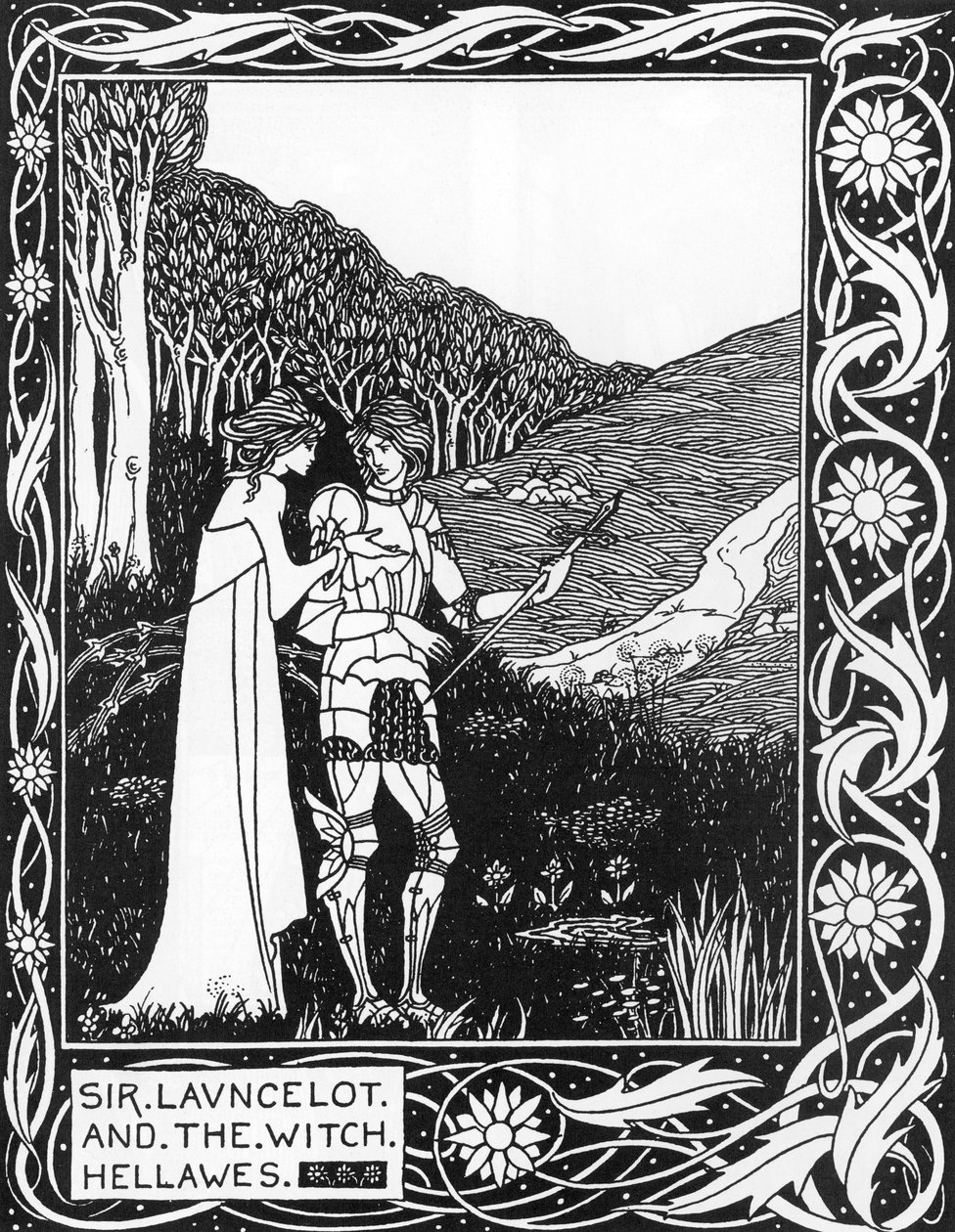 Sir Launcelot et la sorcière Hellawes Illustration par Aubrey Beardsley (1872-1898) de La Mort d