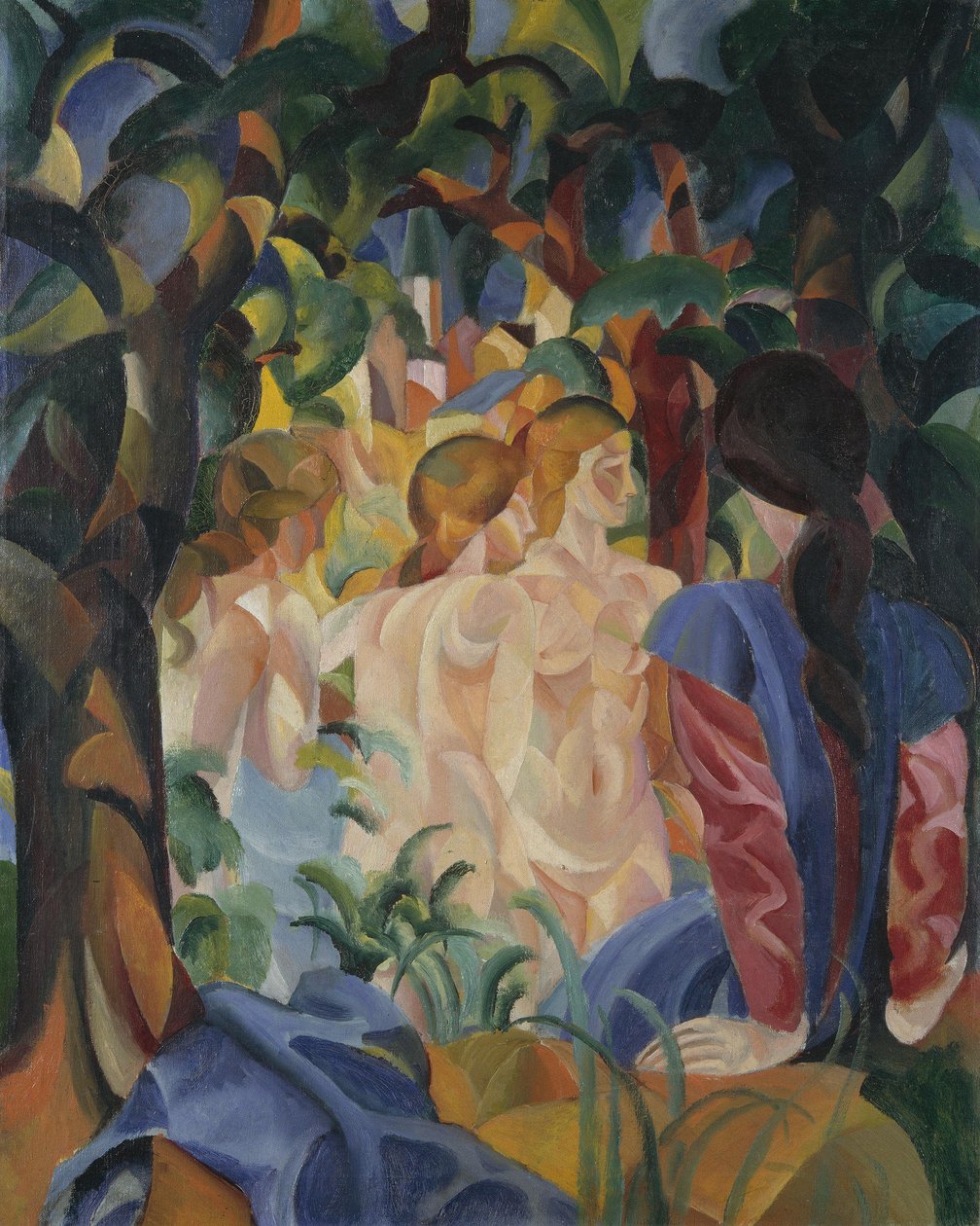 Jeunes filles se baignant avec la ville en arrière-plan - August Macke