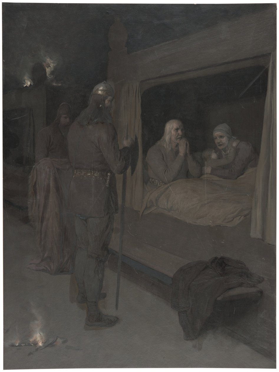 Njal, Bergthora et Thord Karisson décident de se laisser brûler vifs. Illustration pour la Saga de Njal, chap. 129 - August Malmström