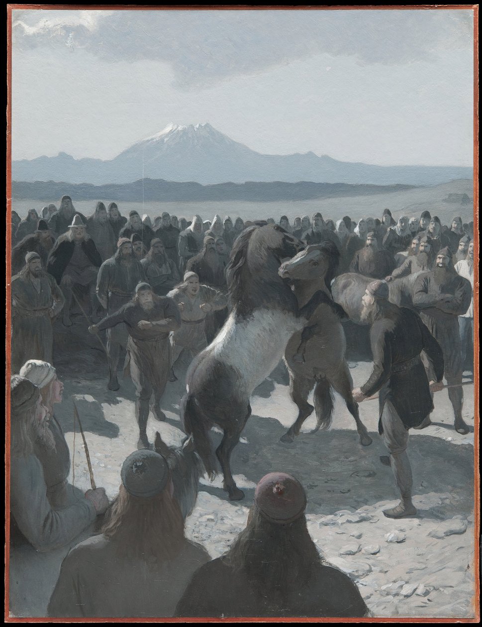 Le combat de chevaux à Hlíðarendi. Illustration pour la Saga de Njál, chap. 59 - August Malmström