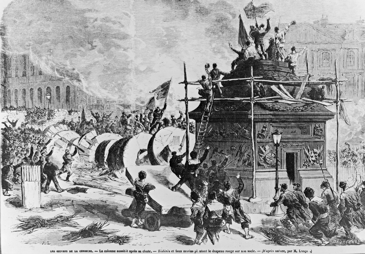 La colonne Vendôme juste après sa chute, Fédérés et faux marins mettant le drapeau rouge sur le piédestal, 16 mai 1871 - Auguste Andre Lancon