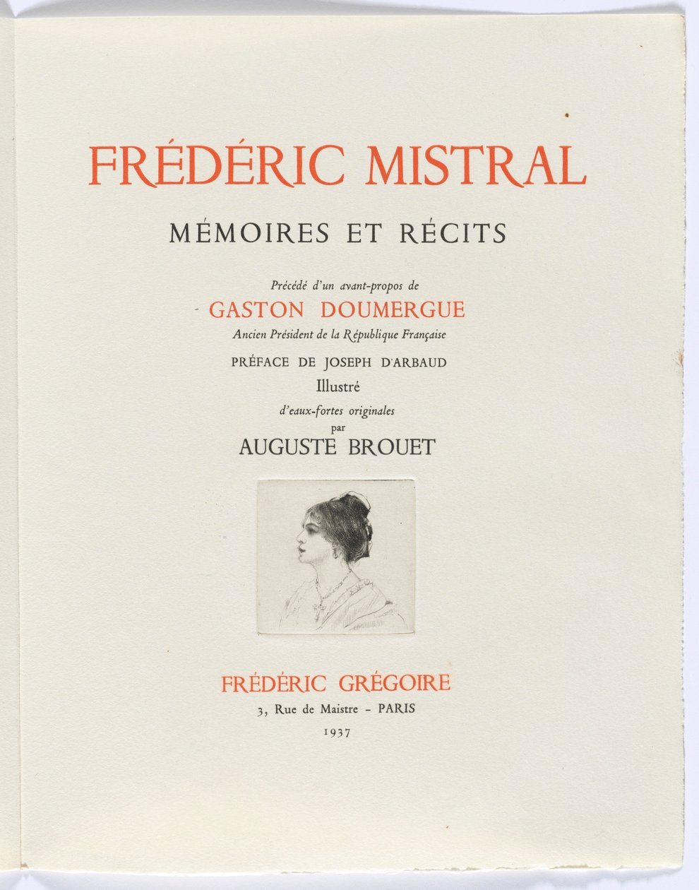 Frédéric Mistral: Mémoires et Recits by Frédéric Mistral: title page, bust of woman in profile - Auguste Brouet
