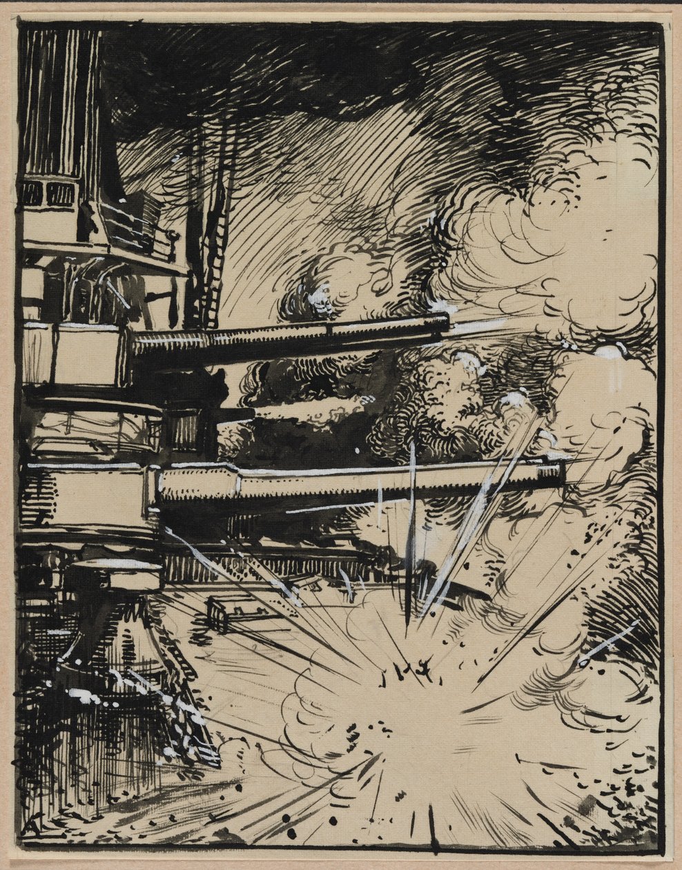 Bombe explosant sur un cuirassé aux canons braqués, 1914 - Auguste Louis Lepère