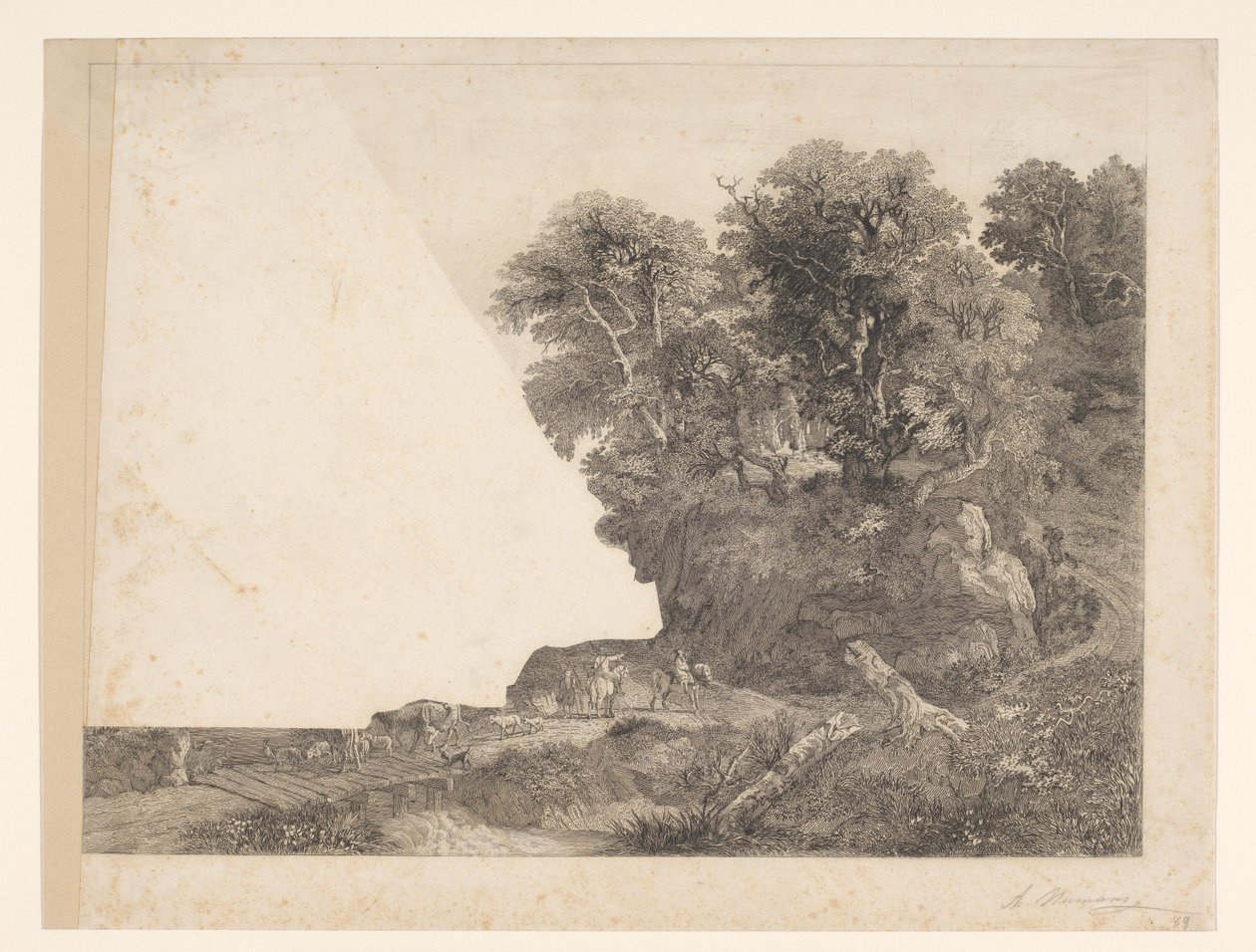 Paysage avec animaux et personnages sur un chemin le long d
