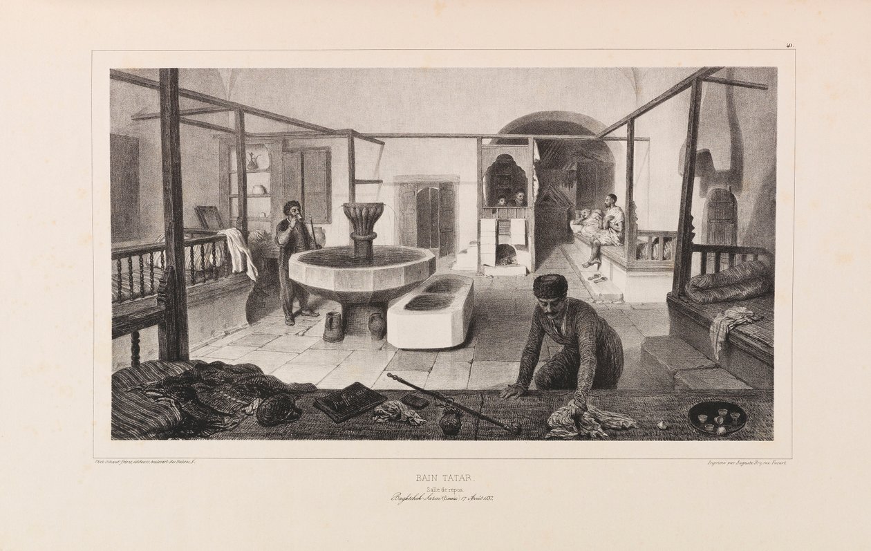 Bain tatar, salle de repos. De Voyage dans la Russie par Anatole de Demidoff, 1837 - Auguste Raffet