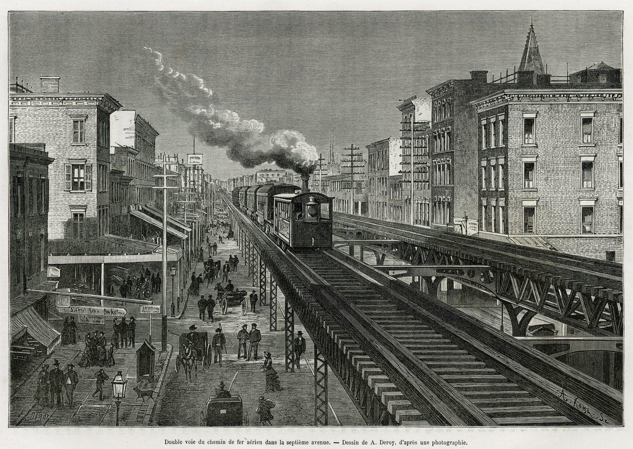 Double voie du chemin de fer aérien sur la septième avenue, New York, New York. Edouard de Laveleye, en 1878-1879, publié dans le Tour du monde, sous la direction d