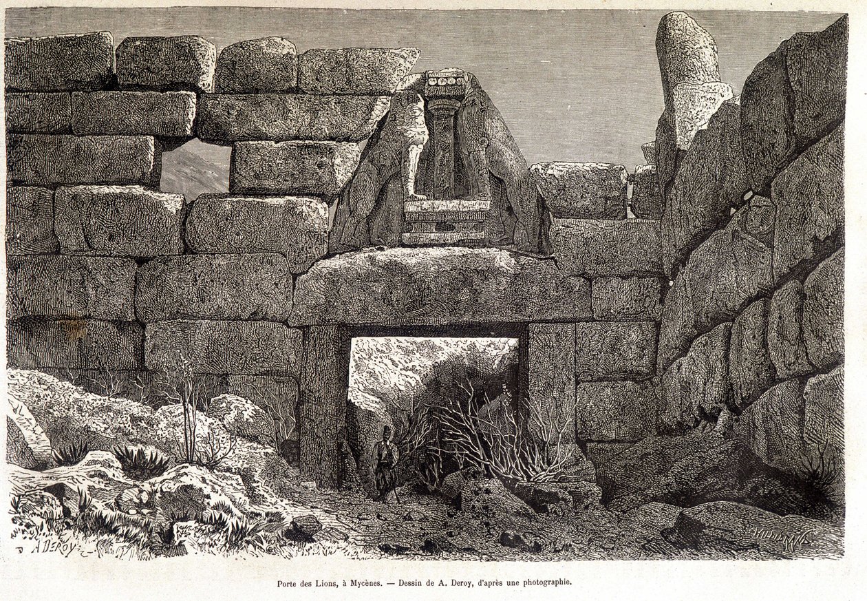Porte des Lions à Mycènes - dessin par A. Deroy, dans "Le Tour du Monde" 1877 2e semestre - Auguste Victor Deroy