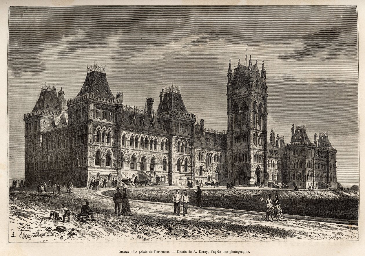 Le Palais du Parlement à Ottawa, construit entre 1859 et 1876. Gravure pour illustrer l
