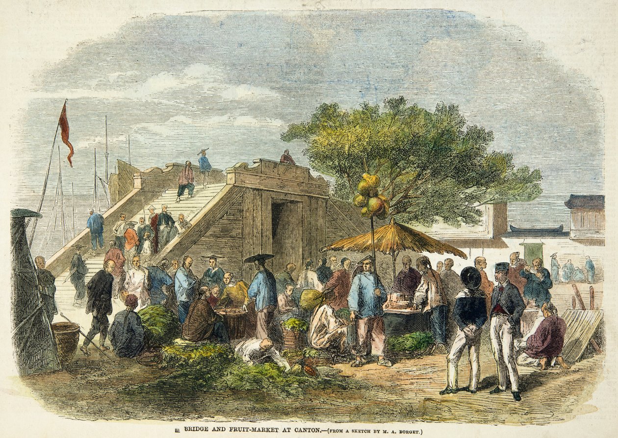 Pont et marché aux fruits à Canton - Auguste after Borget