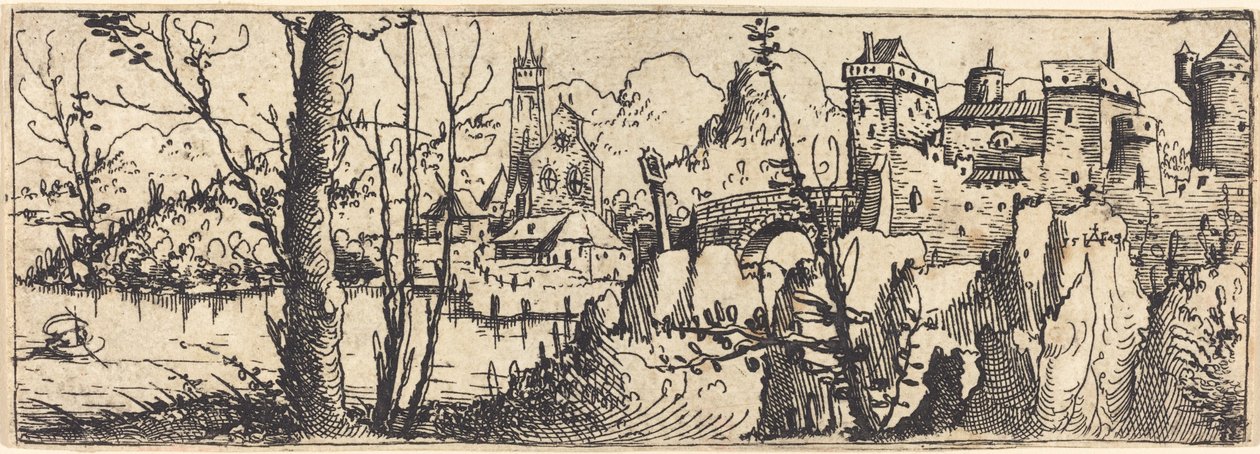 Paysage avec château à droite, entouré de rochers - Augustin Hirschvogel