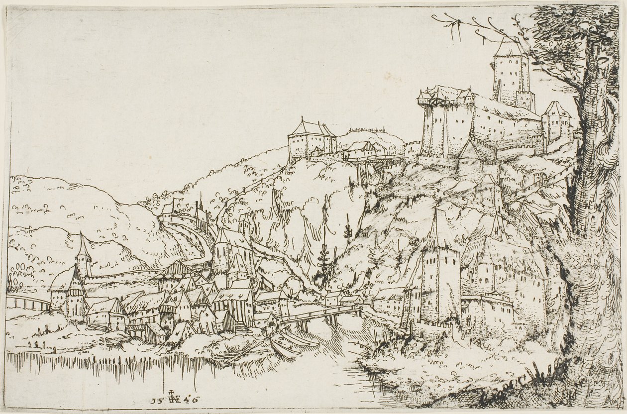 Paysage avec rivière, ville et château - Augustin Hirschvogel