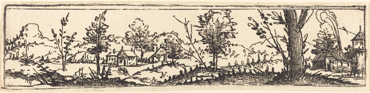 Paysage avec six arbres isolés et trois petites fermes - Augustin Hirschvogel