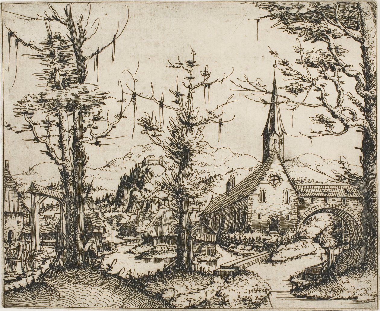 Paysage avec une église et un pont couvert - Augustin Hirschvogel