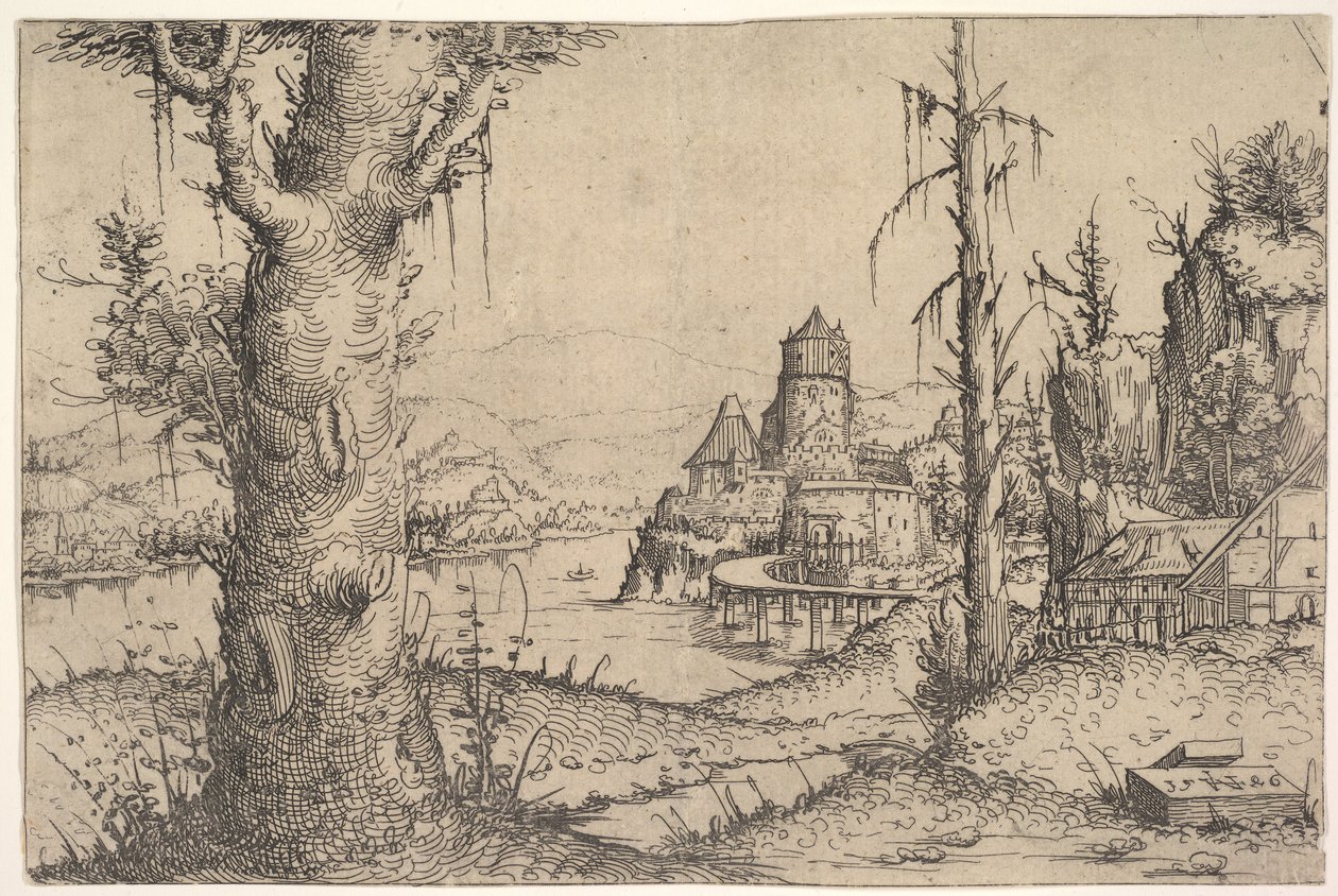 Paysage fluvial avec grand arbre à gauche, 1546 - Augustin Hirschvogel