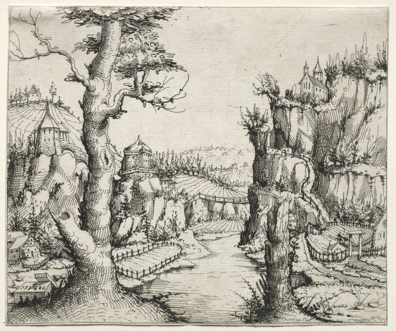 Paysage fluvial avec des rochers à gauche et à droite - Augustin Hirschvogel