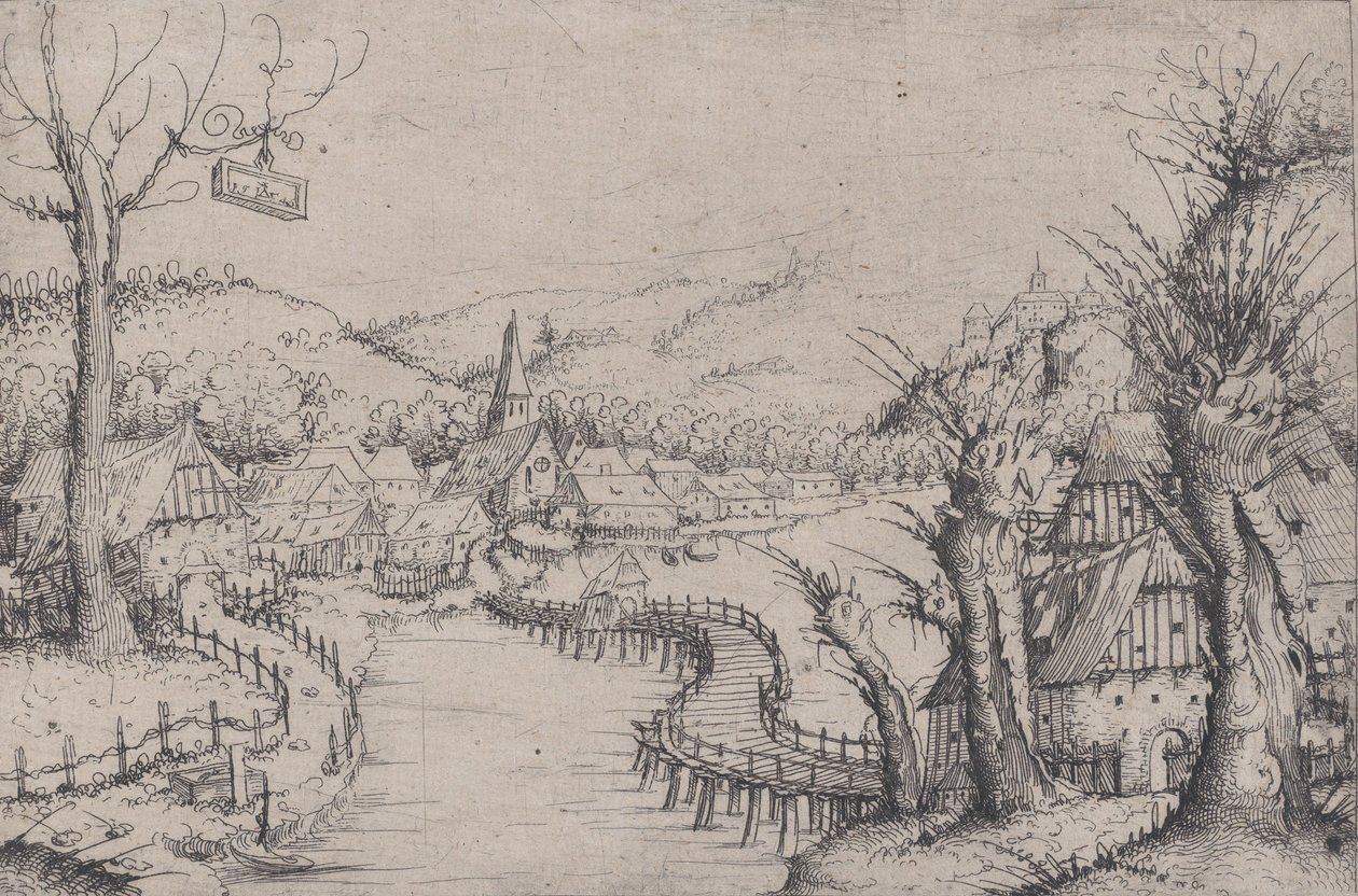 Paysage fluvial avec trois saules dénudés à droite et un long pont en bois sinueux - Augustin Hirschvogel