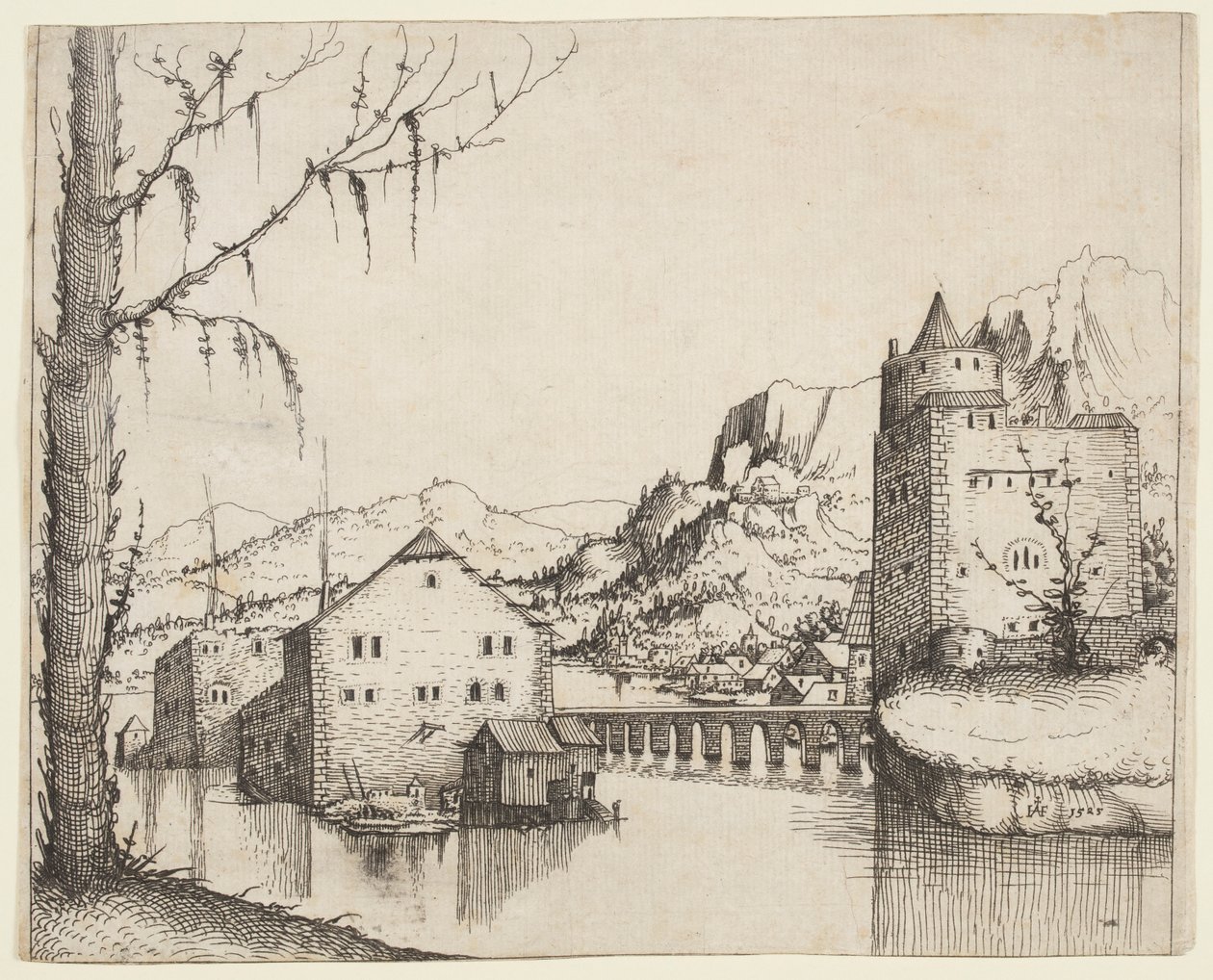 Paysage fluvial avec deux bâtiments reliés par un pont - Augustin Hirschvogel