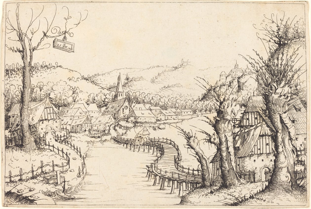 Paysage fluvial avec pont en bois - Augustin Hirschvogel