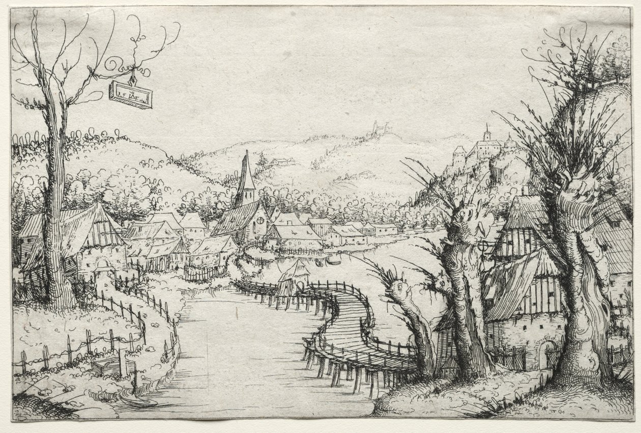 Paysage fluvial avec trois saules dénudés à droite et un long pont en bois sinueux au centre menant à un village - Augustin Hirschvogel