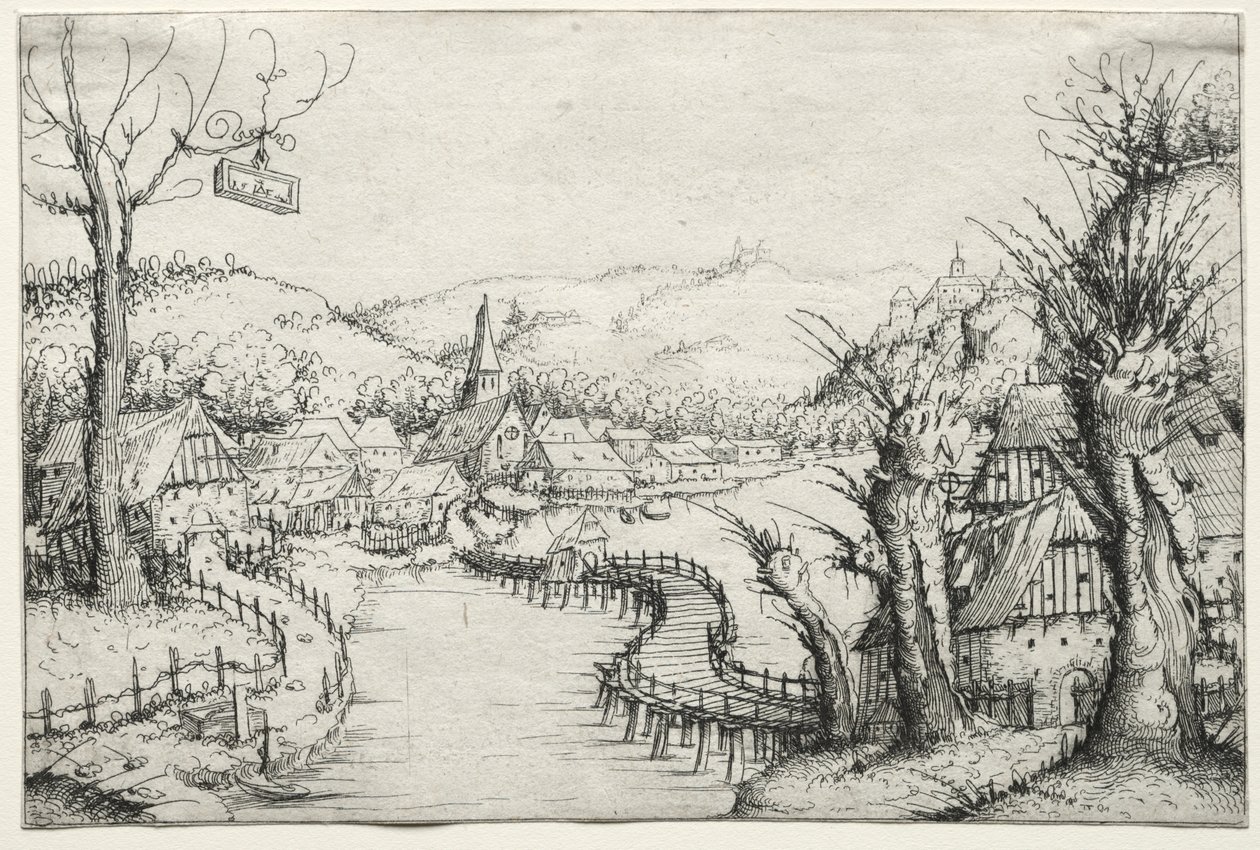 Paysage fluvial avec trois saules dénudés à droite et un long pont de bois sinueux au centre menant à un village - Augustin Hirschvogel