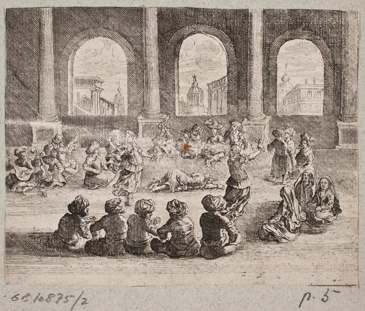 Intérieur de palais oriental avec une compagnie divertie par des danseurs - Augustin John