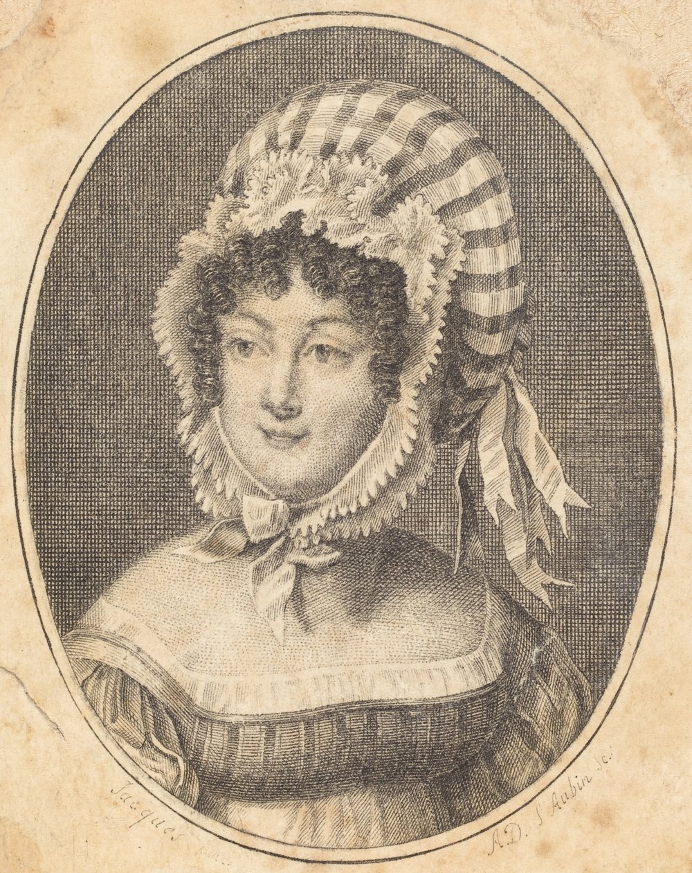 Tête de femme portant un bonnet rayé - Augustin de Saint-Aubin