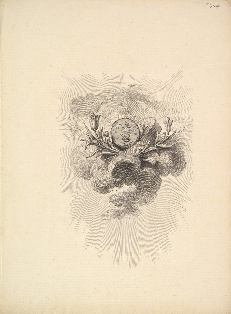 Vignette avec une médaille représentant Harpocrate et des fleurs de lotus, Volume I, Page 12, de D..., 1778-80 - Augustin de Saint Aubin