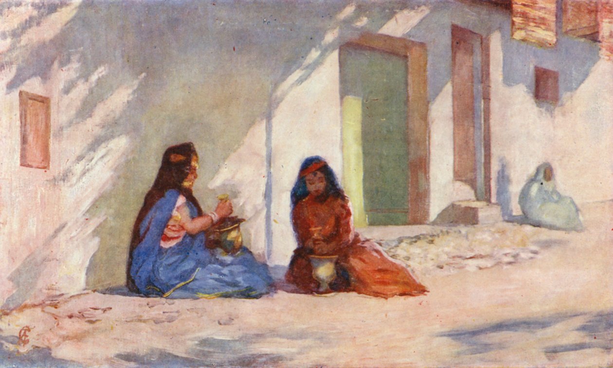 Biskra, Oulid-Nail Femmes faisant la toilette au henné (lithographie couleur) - Augustine Fitzgerald