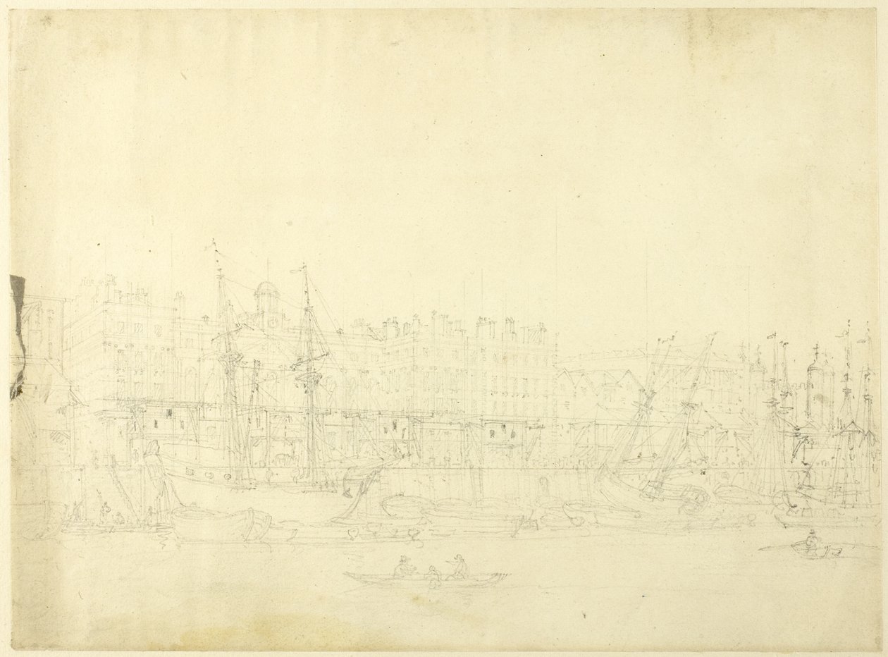 Étude pour le Custom House, depuis la Tamise, extrait de Microcosme de Londres - Augustus Charles Pugin