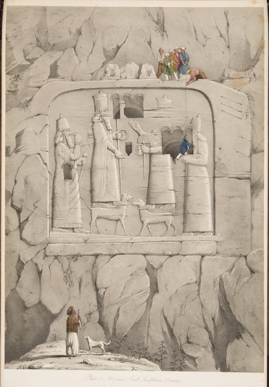 Sculpture rupestre assyrienne (Bavian), des Monuments de Ninive, pub. 1849 (gravure) - Austen Henry Layard