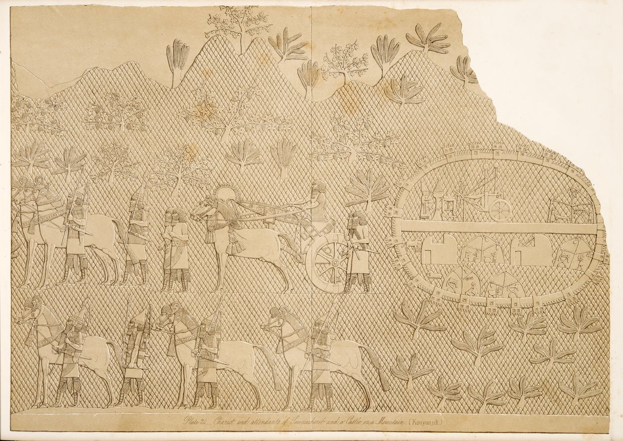 Char et assistants de Sennachérib et un château sur une montagne (Kouyunjik), des Monuments de Ninive, pub. 1849 - Austen Henry Layard