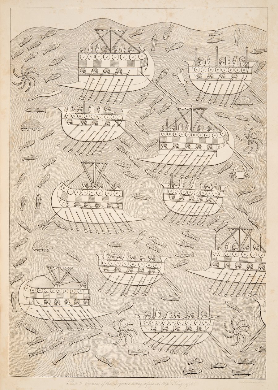 Ennemis des Assyriens se réfugiant dans des navires (Kouyunlik), des Monuments de Ninive, pub. 1849 - Austen Henry Layard