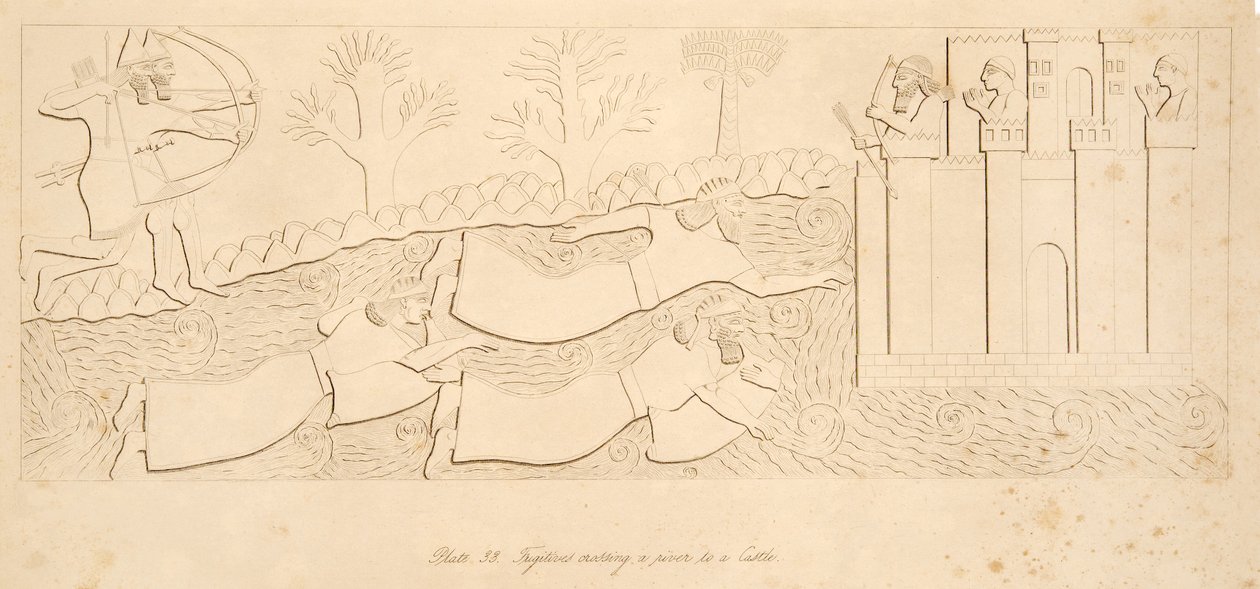 Fugitifs traversant une rivière vers un château, des Monuments de Ninive, pub. 1849 - Austen Henry Layard