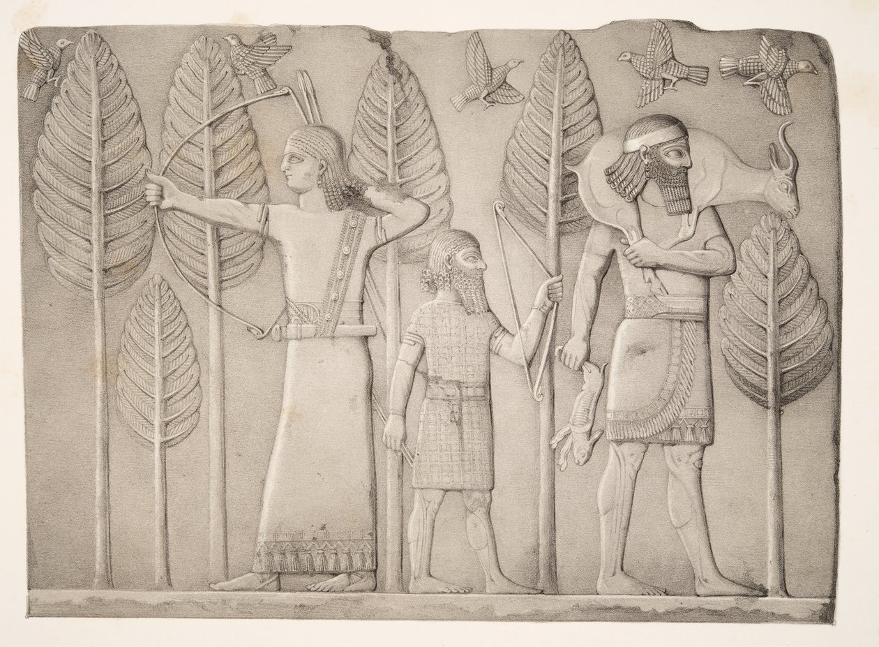 Chasseurs avec gazelle, lièvre et oiseaux (Khorsabad), des Monuments de Ninive, pub. 1849 - Austen Henry Layard