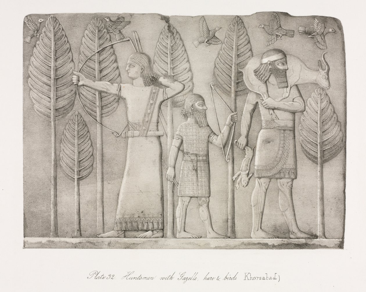 Monuments de Ninive : Planche 32, Chasseurs avec gazelle, lièvre et oiseaux Khorsabad - Austen Henry Layard