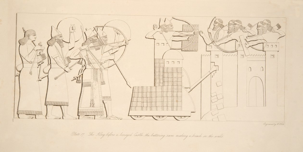 Le roi devant un château assiégé, le bélier faisant une brèche dans les murs, des Monuments de Ninive, pub. 1849 - Austen Henry Layard