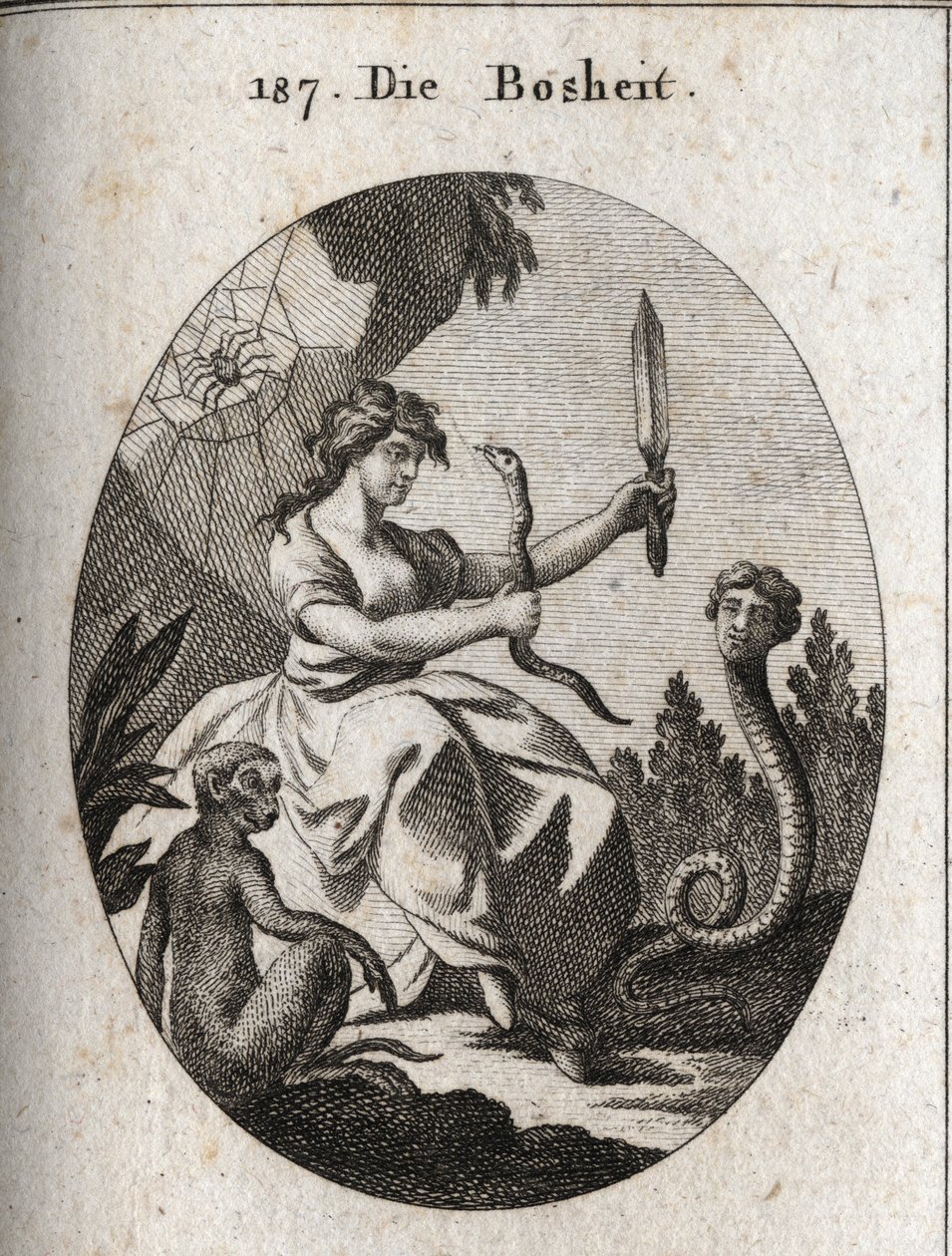 Allégorie de la méchanceté. Elle semble heureuse avec un aspic et un poignard. Ses attributs sont le serpent à visage humain symbolisant la fraude, le singe emblème de la malice, et l
