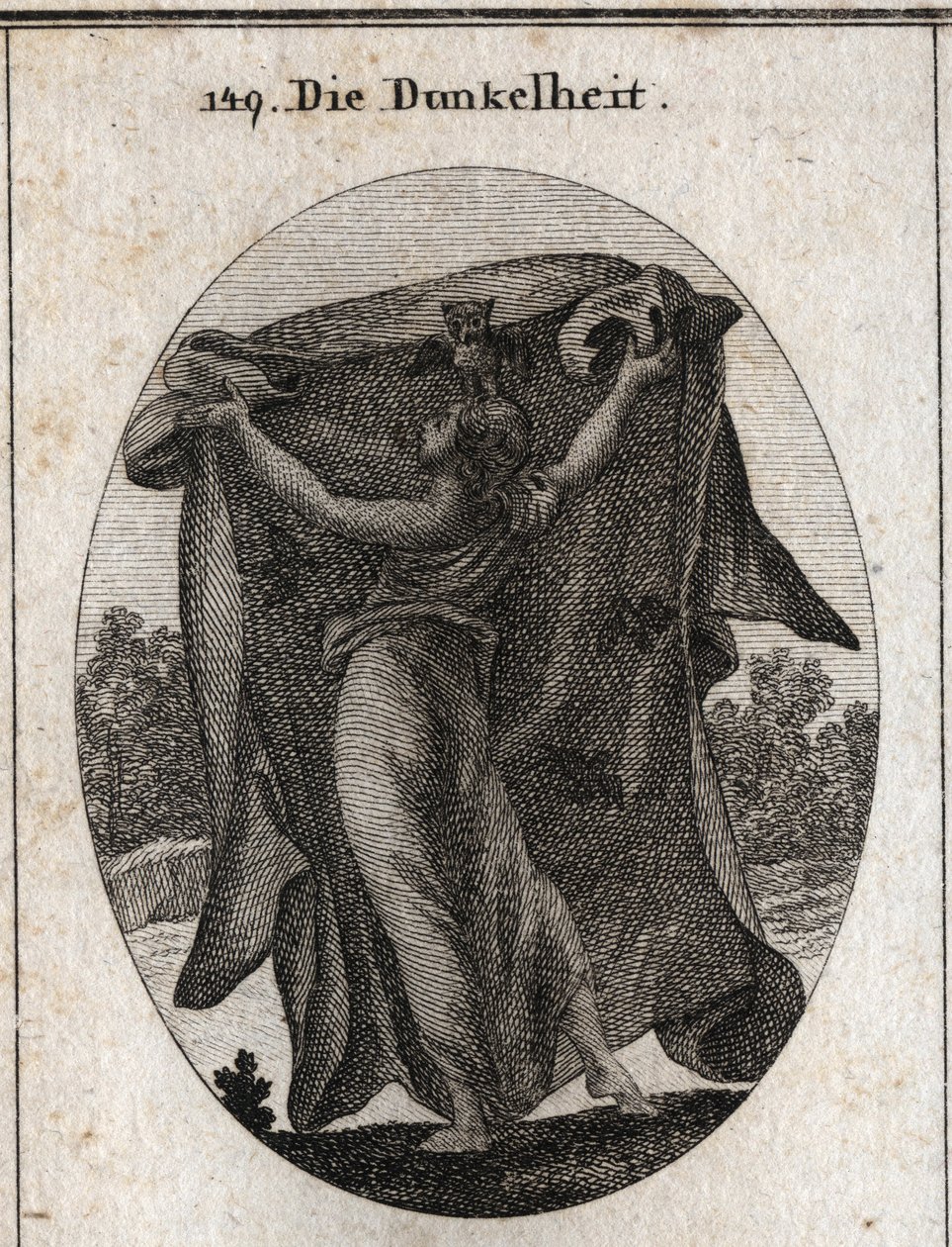Allégorie des ténèbres. Elle étend un voile sombre qui empêche la pénétration de la lumière. Ses attributs sont la chouette et d