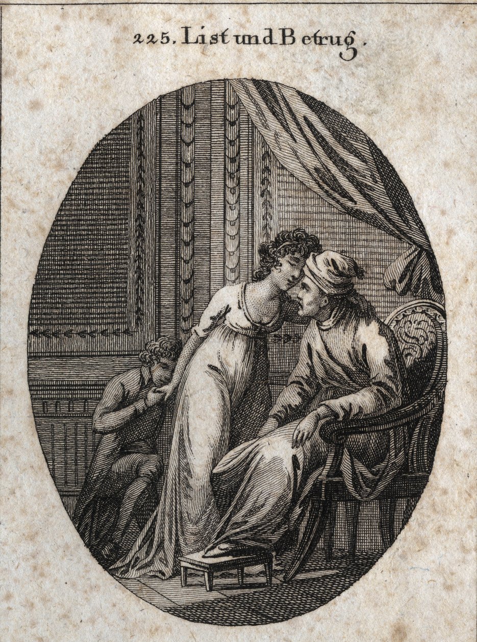 Allégorie de la ruse et de la tromperie. Expression : Qui te donne plus de caresses que d
