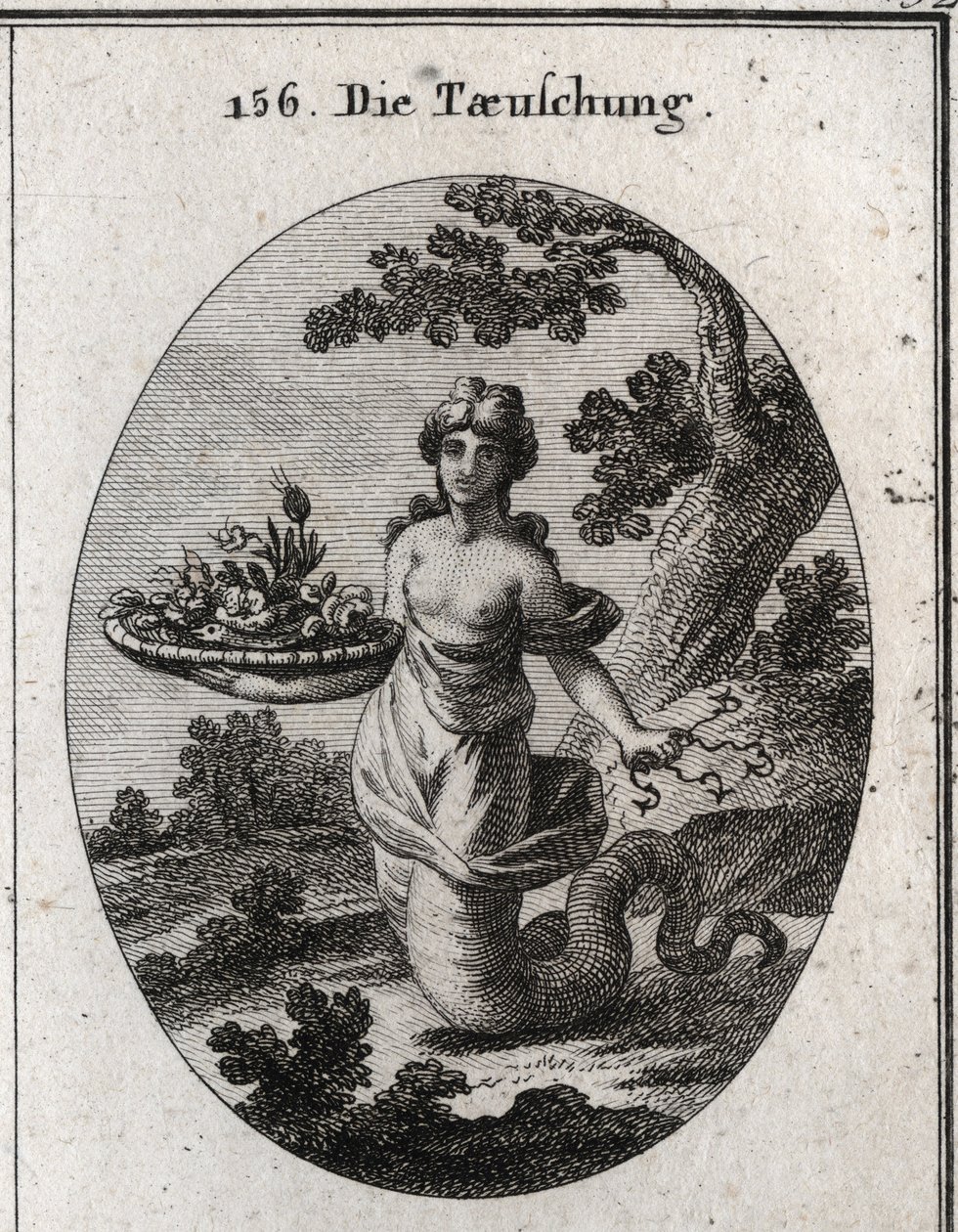 Allégorie de la tromperie. Parmi les fleurs du panier se trouve un serpent. Elle cache derrière elle plusieurs hameçons. Ses jambes se terminent par une queue de serpent pour montrer qu