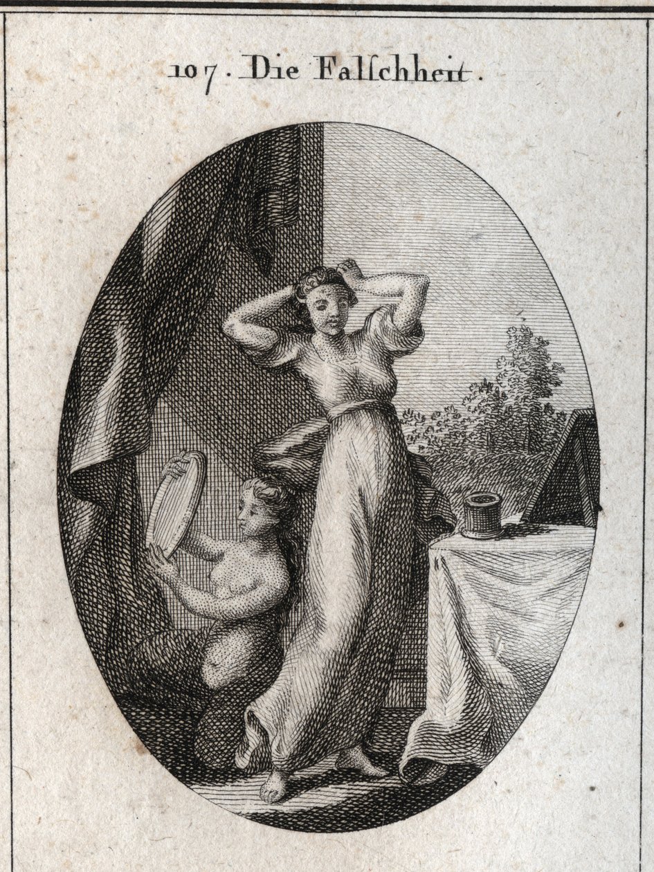Allégorie de la fausseté. Son emblème est une sirène se regardant dans un miroir. Gravure dans « Iconologie oder Ideen aus dem Gebiete der Leidenschaften und Allegorien bildich dargestellt fur Zeichner, Mahler, Dichter... » - Austrian School