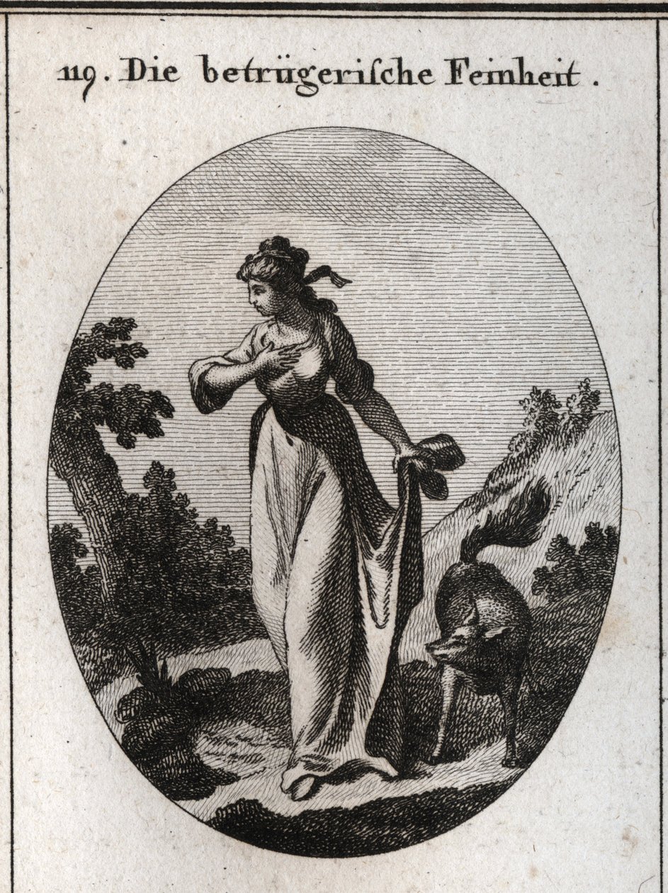 Allégorie de la finesse qui tend à tromper. Elle est représentée une main sur sa poitrine et l