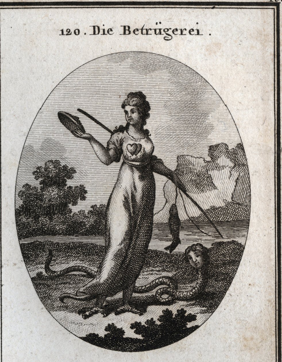 Allégorie de la fraude représentée avec un double cœur et tenant un masque. Elle tient une canne à pêche qui a mordu un poisson. Ses jambes se terminent en griffes de vautour et elle a une queue de scorpion. Son attribut est un serpent avec un visage humai - Austrian School