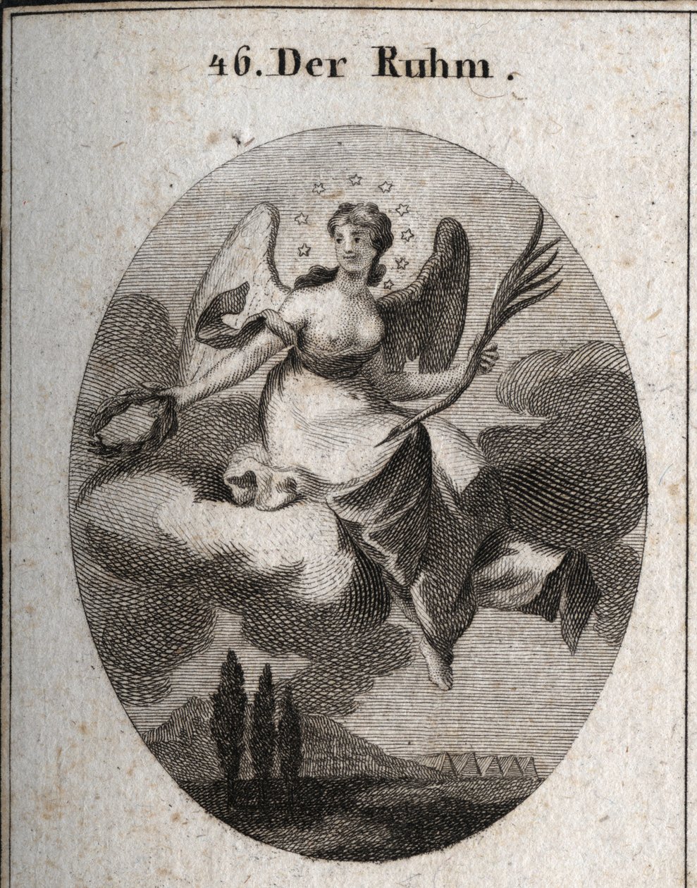 Allégorie de la gloire sur un nuage. Elle tient une palme et présente des couronnes de laurier avec lesquelles elle récompense ses favoris. Ses ailes marquent son élévation. Gravure dans « Iconologie oder Ideen aus dem Gebiete der Leidenschaften und Allego - Austrian School