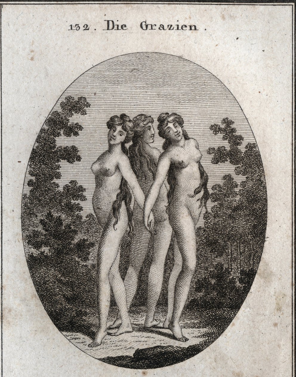 Allégorie des grâces. Les trois grâces : Euphrosyne signifiant allégresse et contentement, Aglaya symbolisant la beauté imposante et Thalia délice. Gravure dans « Iconologie oder Ideen aus dem Gebiete der Leidenschaften und Allegorien bildich dargestellt f - Austrian School